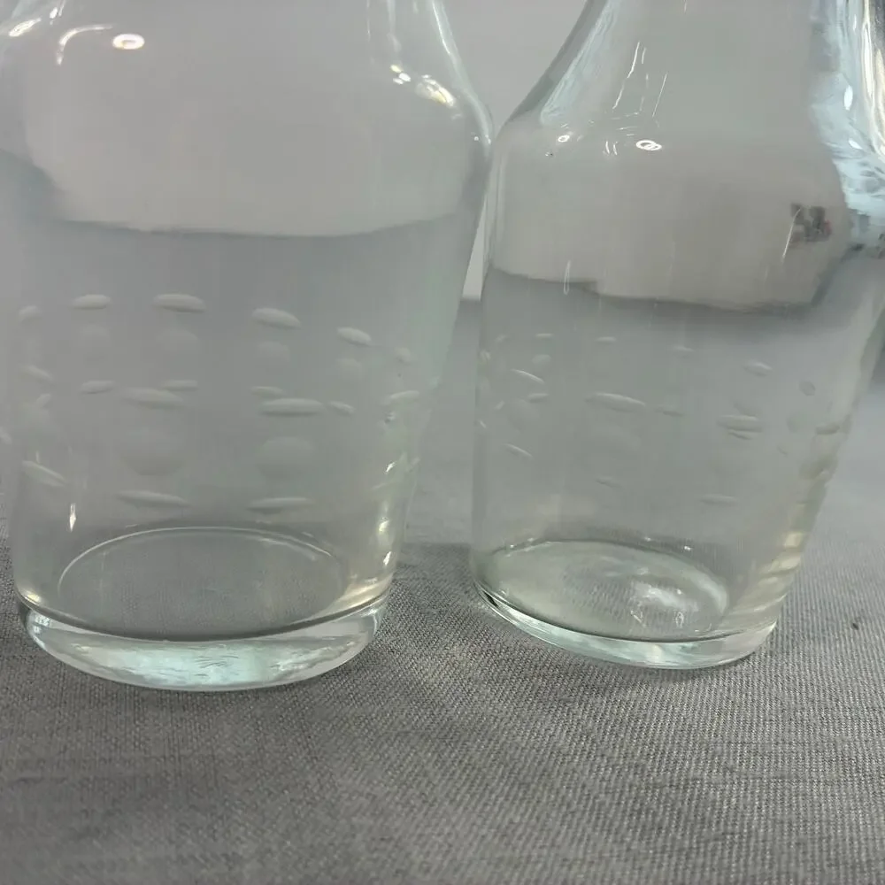 Vintage Clear Glass Juice Carafes Set of 3 Etched Dot Breakfast Bottles 7 Inch